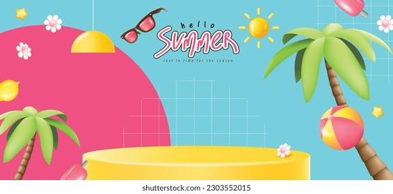 Summer promotion poster banner with yellow podium product display summer tropical beach vibes and empty space