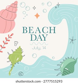Summer promotion poster template with beach shells and ocean waves