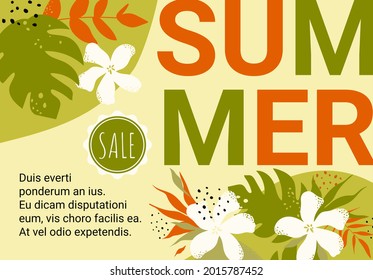 Summer promotion sale, floral banner template vector illustration. Cartoon summer lettering in discount promo voucher, green leaves, flowers and abstract geometric shapes, nature design background