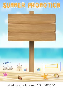 summer promotion wood board on sea sand beach