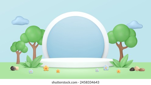 Fondo promocional del verano con la plataforma 3d. Podio publicitario en el jardín. Forma redonda azul, pedestal blanco, árboles, nubes, hojas verdes, flores de plastilina en el césped. Ilustración vectorial