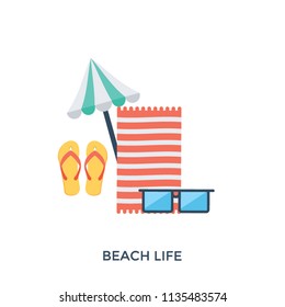 
Summer props on a seashore with umbrella depicting beach 
