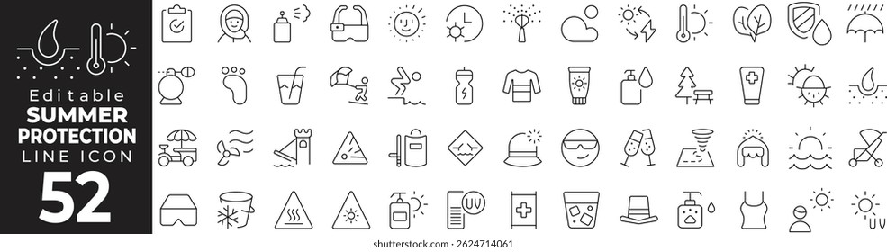 Conjunto de iconos de línea fina de protección de verano: seguridad solar, cuidado de la piel, al aire libre