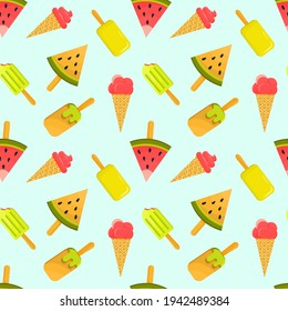 Summer protective pattern of different types of ice cream in the form of a watermelon in a cone and on a stick. Summer, rest, heat. Popsicle seamless pattern - hand drawn ice cream seamless texture