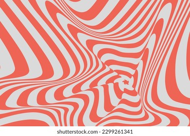 Summer Psychedelic Red and White Color Backdrop. Retro Background Spiral Hypnotic Line. Pop Art Style for Banner, Cover, Festival. Vector Illustration.