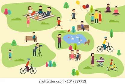 Summer public park with active people, family vacation, walk with dog, ride bicycles.