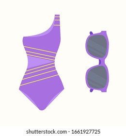 Summer purple accessory top view: swimsuit, sunglasses. Vector illustration of holiday vacation woman luggage.