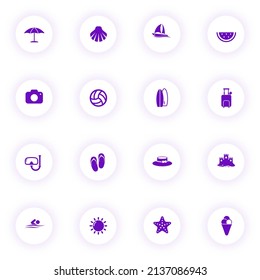 summer purple color vector icons on light round buttons with purple shadow. summer icon set for web, mobile apps, ui design and print