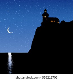 Summer quiet dusk scene. Guide point lamp searchlight for ship on top of steep cape bank and lunar path on water. Calm picture with space for text on deep blue nighttime heaven