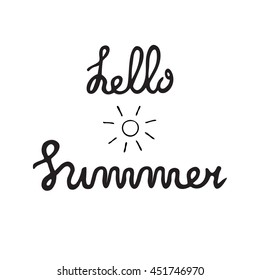 Summer quote - Hello summer. Brush pen handwritten lettering inspirational typography. Illustrations with sun and palms. Vector isolated 