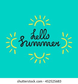 Summer quote - Hello Summer. Brush pen handwritten lettering inspirational typography. Illustrations with sun and palms. Vector illustration 