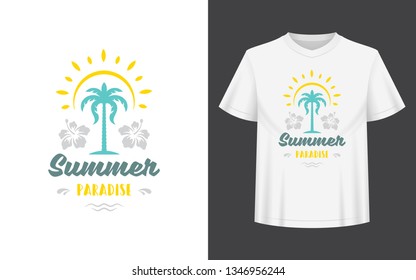 Summer quote or saying can be used for t-shirt, mug, greeting card, photo overlays, decor prints and posters. Summer paradise message, vector illustration.