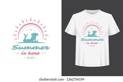 Summer quote or saying can be used for t-shirt, mug, greeting card, photo overlays, decor prints and posters. Summer is here message, vector illustration.