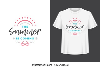 Summer quote or saying can be used for t-shirt, mug, greeting card, photo overlays, decor prints and posters. Summer is coming message, vector illustration.