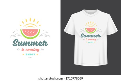 Summer quote or saying can be used for t-shirt, mug, greeting card, photo overlays, decor prints and posters. Summer is coming enjoy message, vector illustration.
