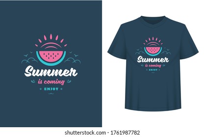 Summer quote or saying can be used for t-shirt, mug, greeting card, photo overlays, decor prints and posters. Summer is coming enjoy message, vector illustration.