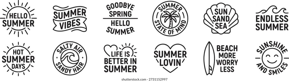 Conjunto de tipografía de cita de verano con iconos de playa, lemas de sol y dichos de temporada dibujados a mano para ropa de viaje y Diseños de vacaciones