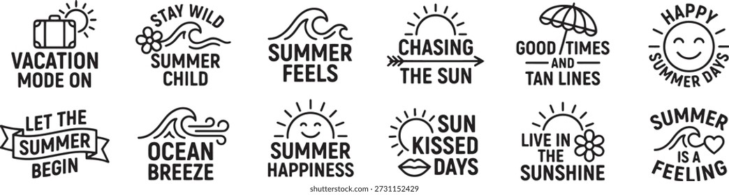 Summer Quote Typography Set With Sunshine Vacation Icons and Hand Drawn Seasonal Sayings for Travel Apparel and Lifestyle Designs