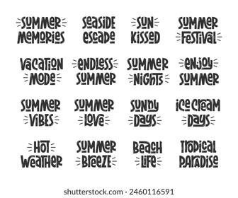 Verano Citas Conjunto Grande. Letras de mano de Vector blanco y negro para impresión gráfica en taza, camiseta, tarjeta. Colección de frases cortas de verano escritas a mano.