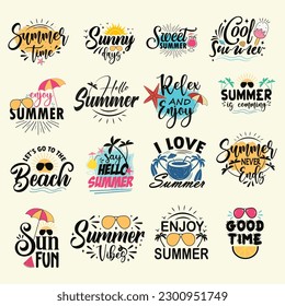 Summer quotes labels, logos, hand drawn tags and elements. Funny Summer quotes SVG cut files bundle holiday, travel, beach vacation, sun. Vector illustration.