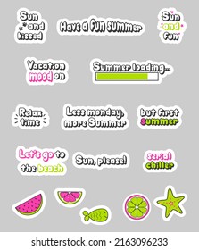 Summer quotes printable stickers. Stock vector illustration.