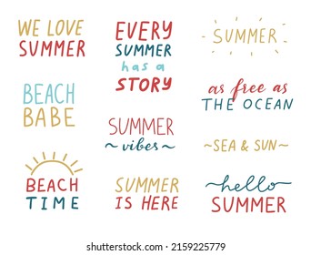 Summer quotes set. Cute positive badges, lettering, doodle quotes, stickers. vector. Inspirational quotes. Beach babe, hello summer etc. Vector illustration