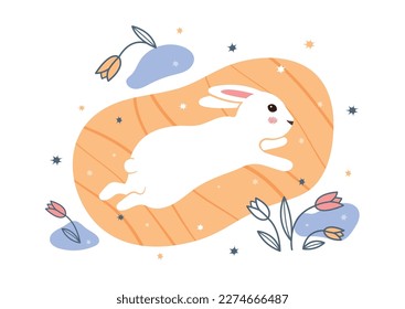 Summer rabbit, spring astrology postcard. Magic zodiac hare jump, doodle bunny with flowers, happy drawing symbol, Easter sleep baby animal. Holiday card. Vector utter abstract illustration