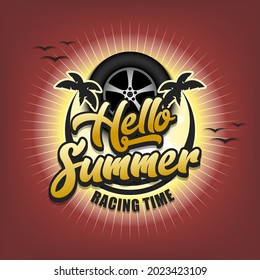 Summer race logo. Hello summer. Racing time. Pattern for design poster, logo, emblem, label, banner, icon. Race template on isolated background. Vector illustration