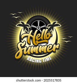 Summer race logo. Hello summer. Racing time. Pattern for design poster, logo, emblem, label, banner, icon. Race template on isolated background. Vector illustration