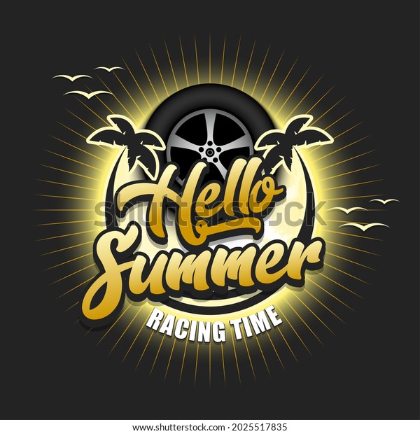 Summer race logo. Hello\
summer. Racing time. Pattern for design poster, logo, emblem,\
label, banner, icon. Race template on isolated background. Vector\
illustration