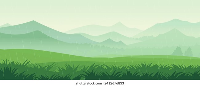 Summer rain against the backdrop of a beautiful landscape of green meadows, fields, grass, mountains and hills. Rainy landscape. Morning dew. Vector illustration for design or print. svg