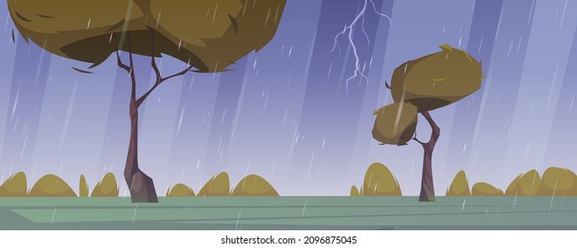 El paisaje de las caricaturas de lluvias de verano, tormenta con rayos en un cielo gris oscuro, árboles en el campo con hierba y arbustos. Fondo del día lluvioso, escena del campo natural de la tormenta, ilustración del vector