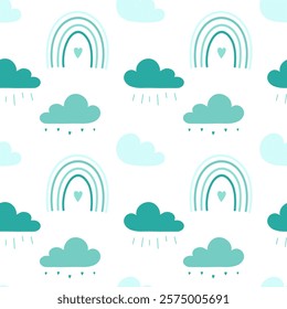 Summer rain with clouds and raindrops, simple pattern with clouds and rainbow with hearts. Cute cozy background in blue tones on white background. Vector illustration