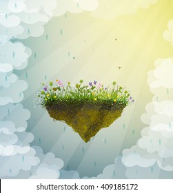 summer rain, flowers growing on the flying rock surrounded by clouds and sun beams, summer on dreamland, vector, 
