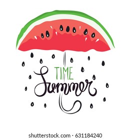 Summer rain -- funny hand drawing calligraphy / Vector background with slices of watermelon