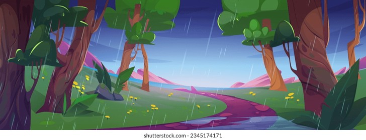 Summer rain in green forest. Vector cartoon illustration of rainy day in woodland with footpath running between trees, water puddles on ground, flowers on hill, lake on horizon. Natural background