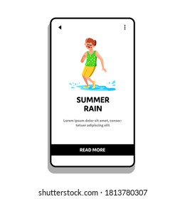 Summer Rain Puddle Play And Splashing Boy Vector. Happy Little Kid Enjoyment Playing And Splash Water After Summer Rain. Character Leisure Funny Active Playtime Flat Cartoon Illustration