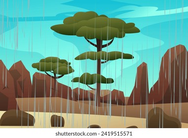 Summer rain in rocks desert. Landscape with rain weather. Jets of water pour from the sky. Cartoon fun style. Flat design. Vector.