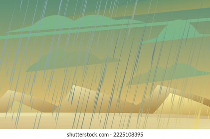 Summer rain in sand desert. Landscape with rain weather. Jets of water pour from the sky. Cartoon fun style. Flat design. Vector.