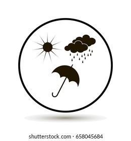 Summer rain, sun and umbrella. Umbrella protects against rain  on white background