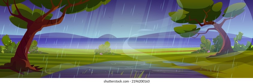 Summer rain wild nature landscape. Cartoon background with green forest trees, lake, puddles and bushes on field under water shower falling from dull grey sky. Storm at wild land, Vector