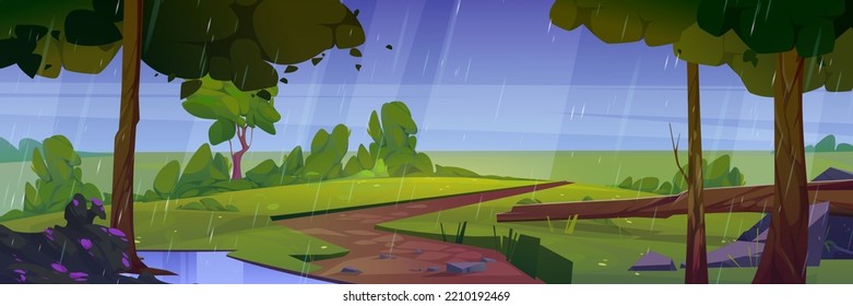 Summer rain wild nature landscape. Cartoon background with dirt road, wet trees, bushes and puddle on green field under water shower fall from dull sky. Storm at park or woodland Vector illustration