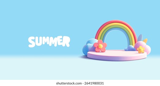 Summer rainbow, empty podium, flowers, cloud. 3D. For concepts of promotional summer offers on goods and products. Vector illustration.
