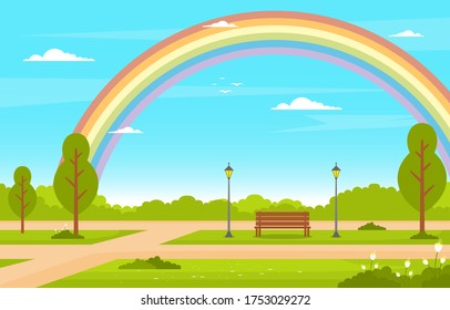 Summer Rainbow Green Nature Field Land Sky Landscape Illustration
