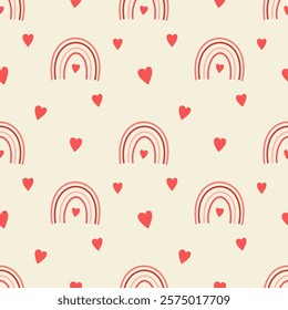 Summer rainbow with hearts. Pattern in pink and red tones, romance, love, Valentines Day, wedding. Cute cozy background in warm colors.