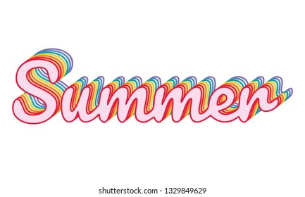 "Summer" rainbow, iridescent, motivational slogan. Perfect for pin, card, t-shirt design, poster, sticker, print. Vector illustration. 