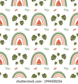 Summer rainbow pattern. Cute watermelon pattern. Summer fruit rainbow tropical leaves seamless background.