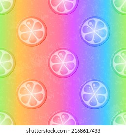 Patrón veraniego sin manchas arcoiris con láminas de limón redondo transparente brillante. Grunge Textura. Papel tapiz de fruta. Ilustración vectorial.