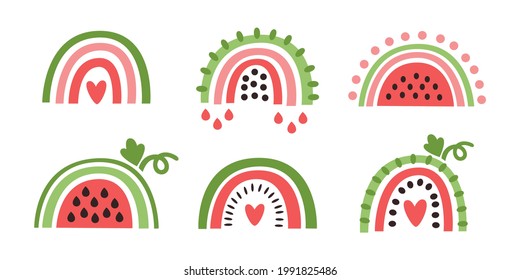 Summer rainbows stylized as fruit watermelon. Beautiful design for cards, kids print, poster, nursery decoration, logo. Simple flat vector illustration isolated on white background.