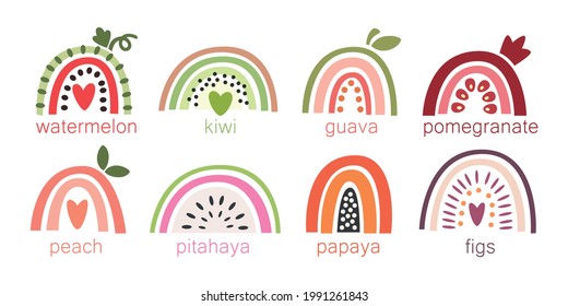 Summer rainbows stylized as fruits: watermelon, papaya, pitahaya, peach, fig, pomegranate, guava, kiwi. Design for cards, kids print,  nursery decoration, logo. Simple flat vector illustration.